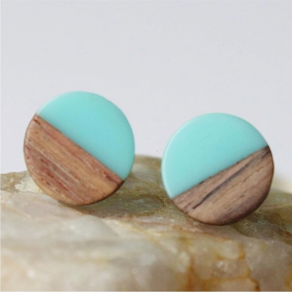 NWT Aqua Resin and Wood Circle Post Earrings